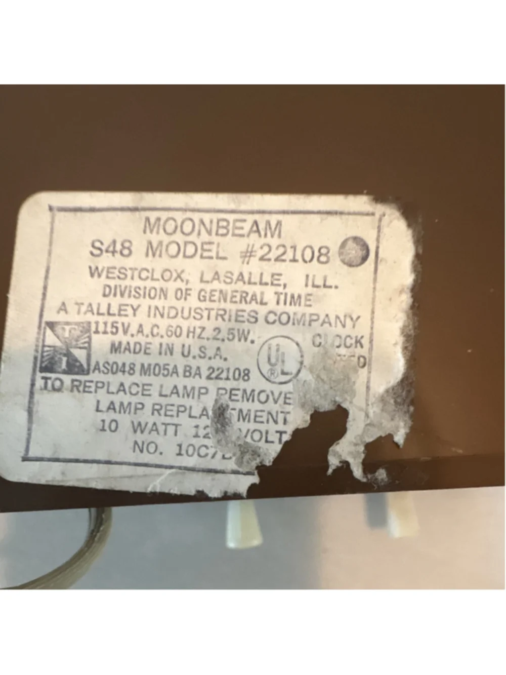 Westclox Moonbeam S48 Model 22108 Flash Alarm Dialite Electric Clock